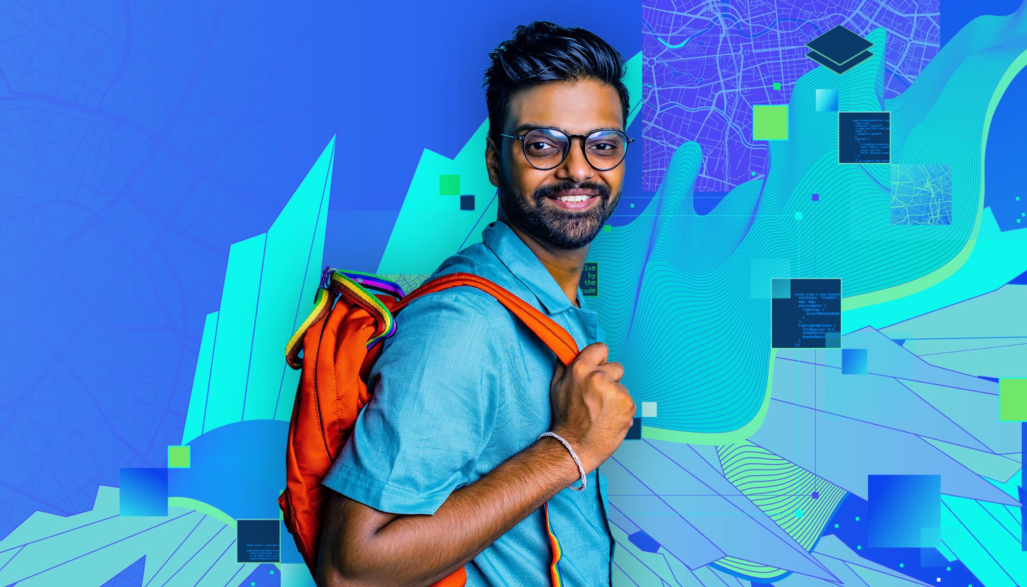 A person in a blue shirt, wearing an orange backpack and glasses, and map imagery in the background