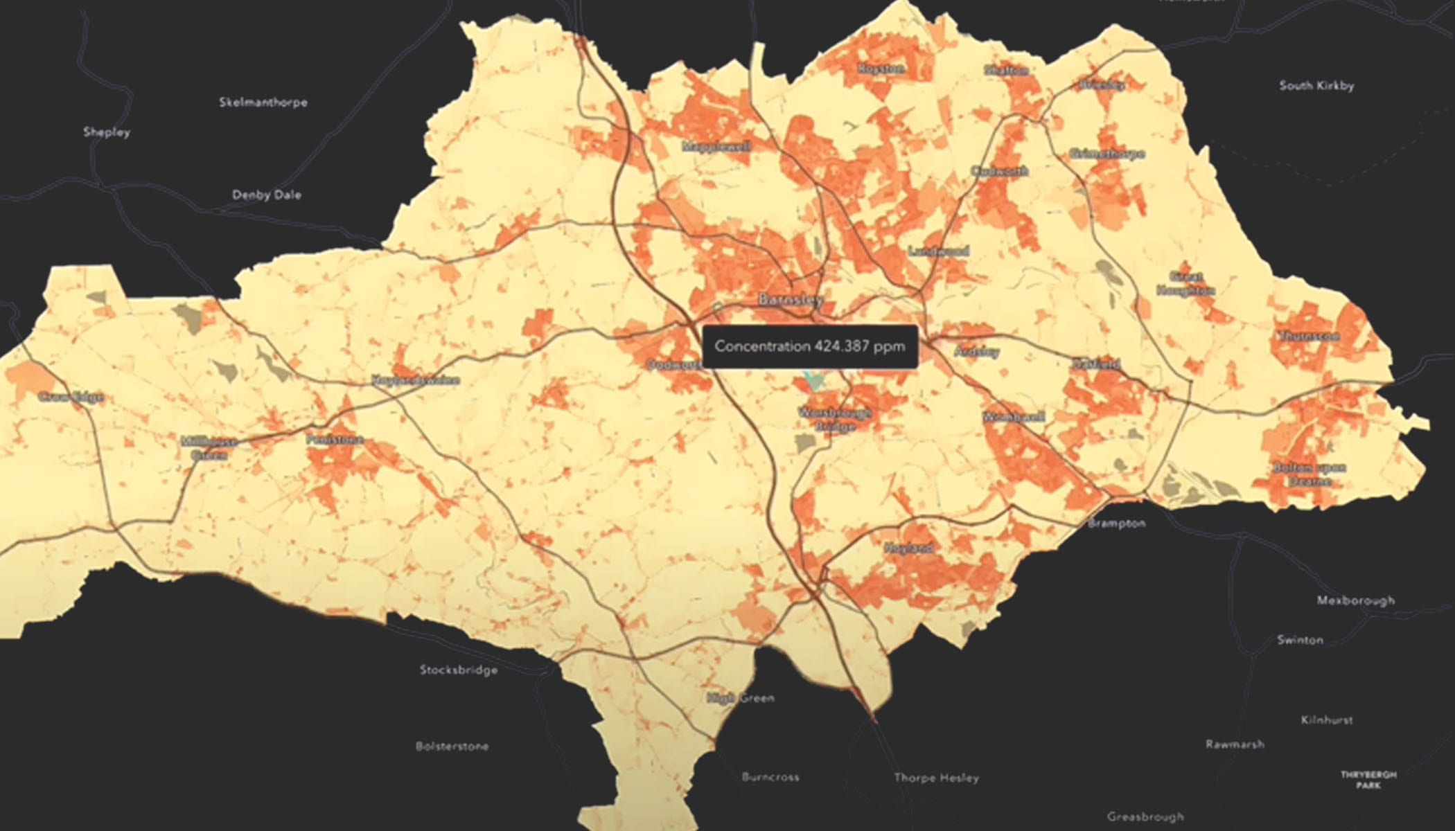 Map of carbon emissions above Barnsley, England