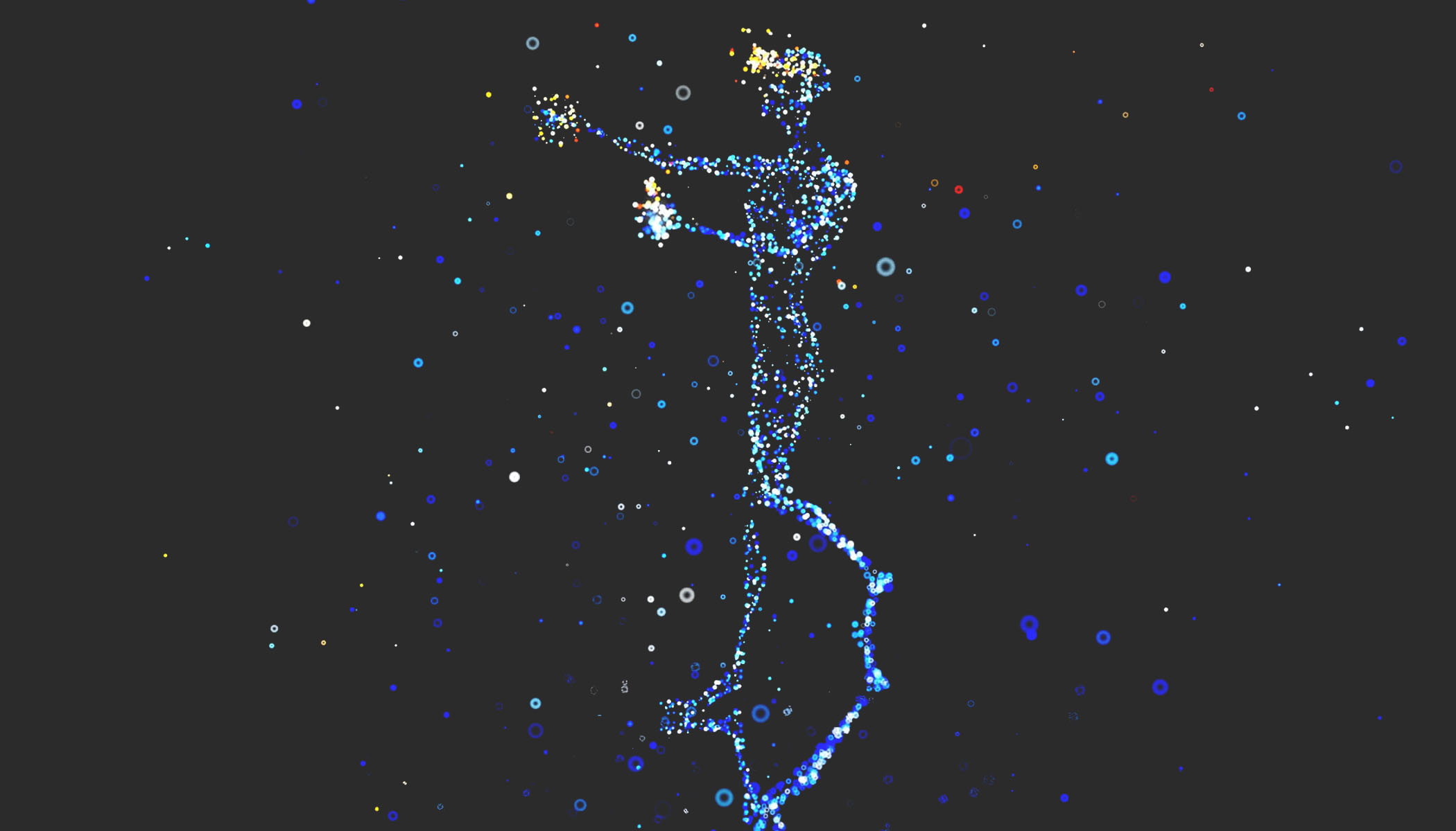 The metaverse as symbolized by a blue pixelated human against a black background