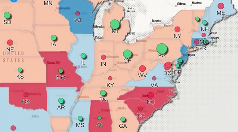 A map of the US showing an analysis of footfall data for grocery stores and discount shops in 2023 and 2024