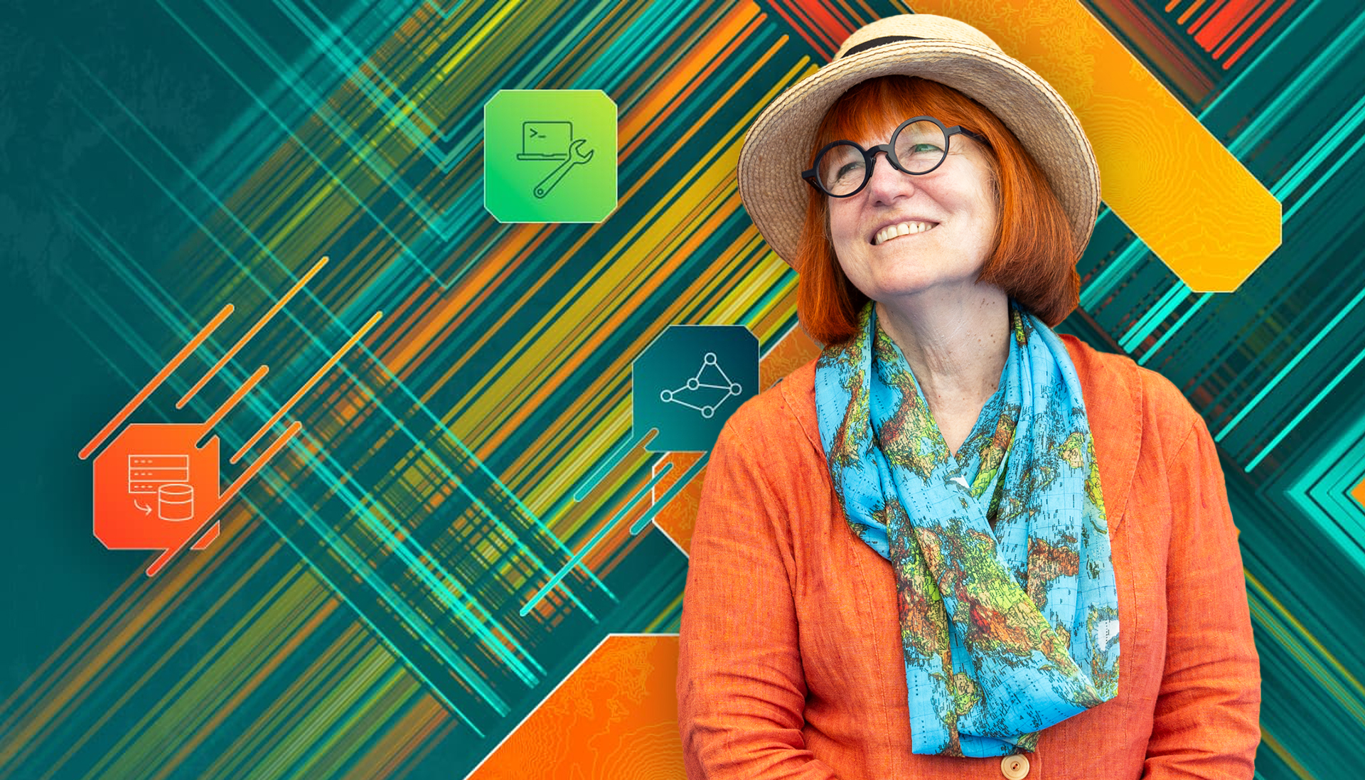 A woman smiling wearing a hat and map-themed scarf stands in front of a background of colorful lines and development symbols