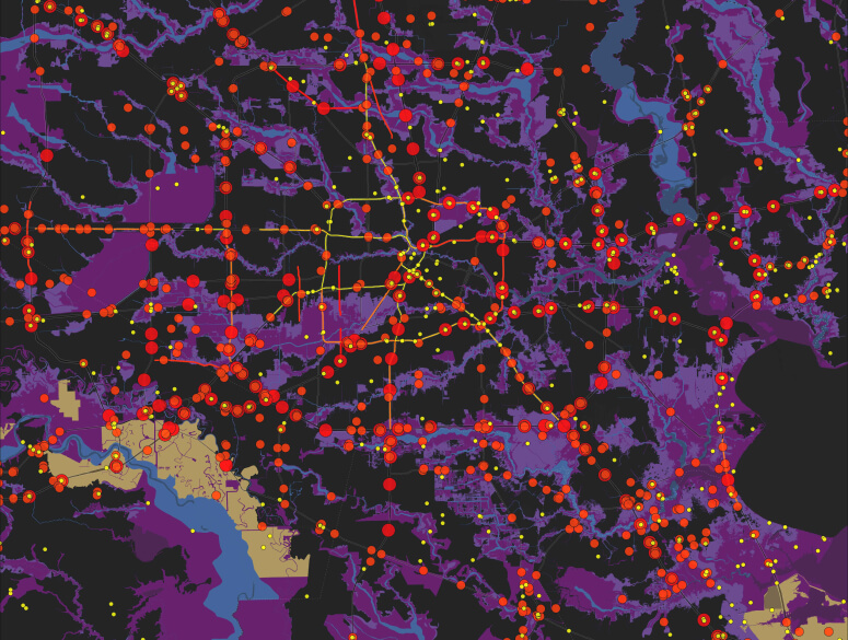 터레인 요소가 보라색과 파란색으로 강조되어 있으며 작고 빨간 수많은 점이 찍힌 노란색 라인 네트워크가 중첩된 맵