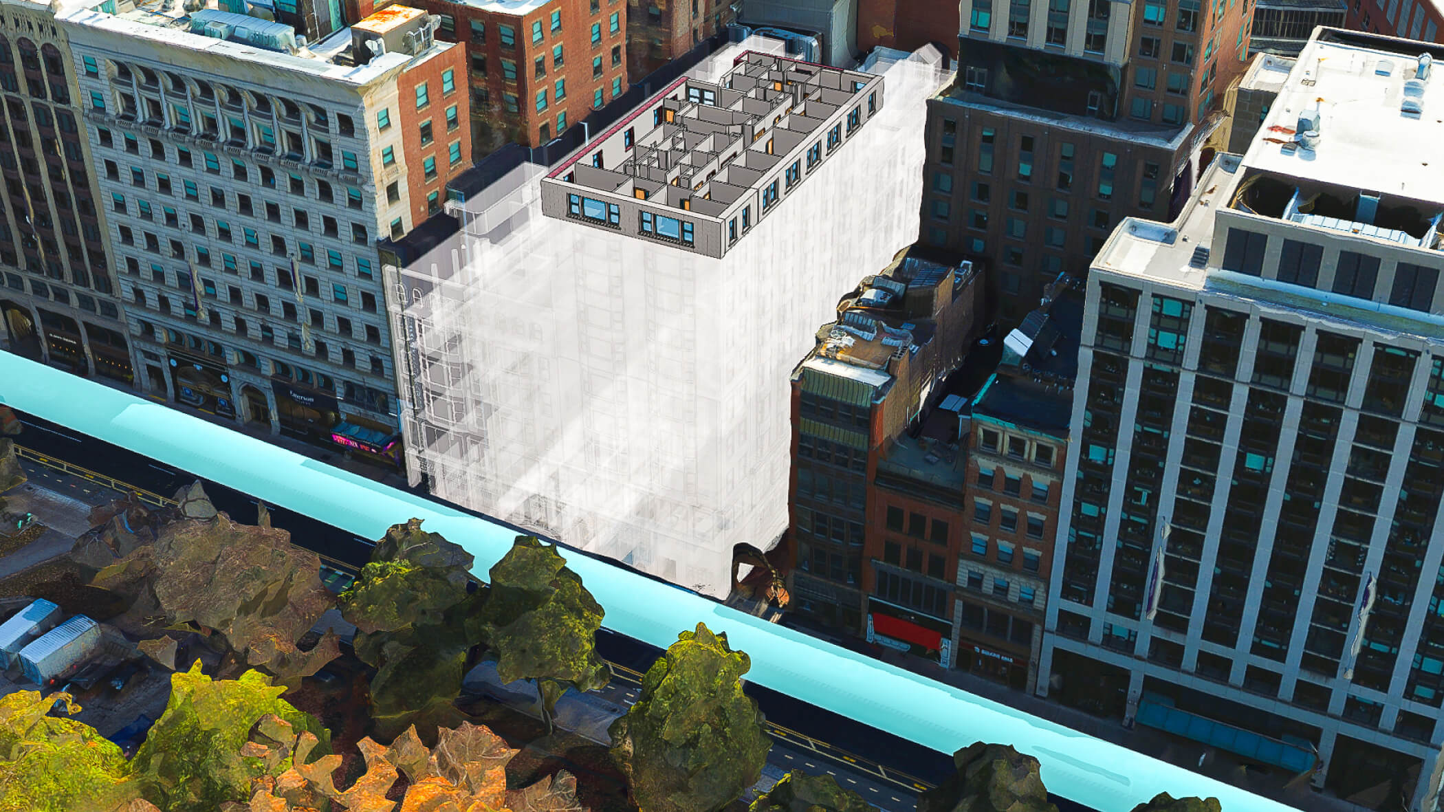Modello di edificio in 3D con molti piani sormontati da una disposizione 3D di una stanza, incastonata in una cornice bianca su uno sfondo sfocato della città