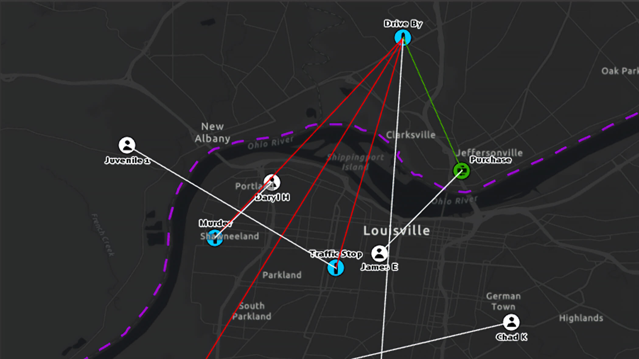 An ArcGIS AllSource map of Louisville Kentucky with icons of crime locations connected by white, green, and red lines