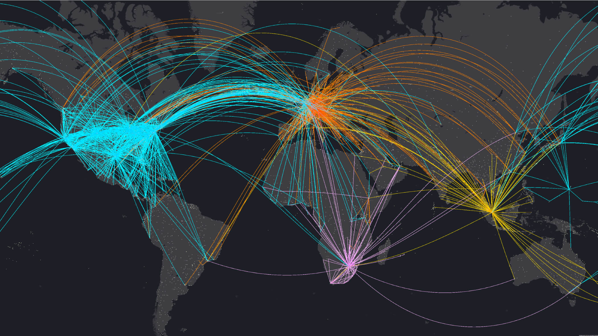 This map shows all known connections between origin and destination airports across the globe with colorful bright colors atop a dark, simple basemap