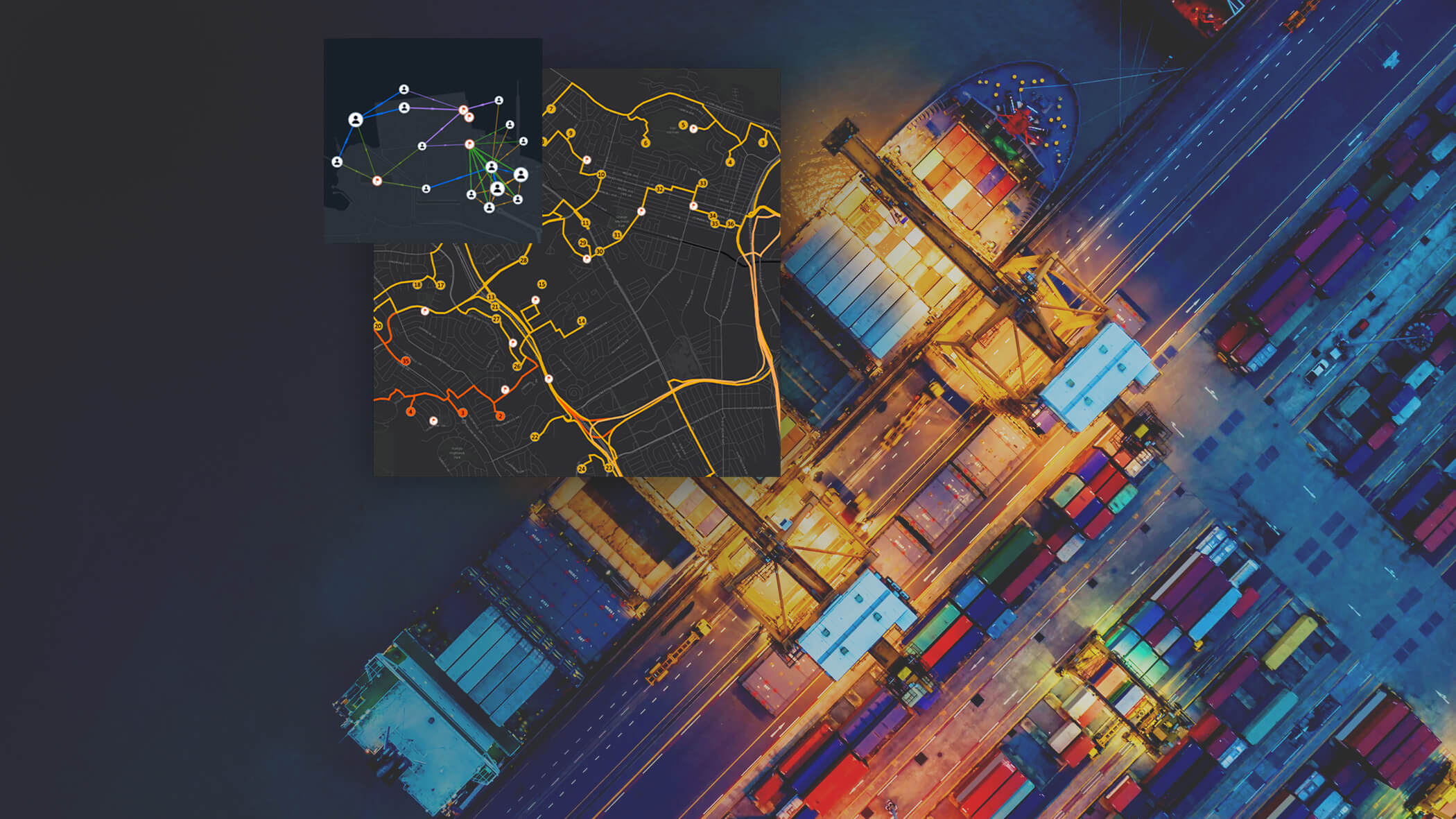 An aerial view of a cargo shipped docked at a port being loaded with containers and two maps with routes and data
