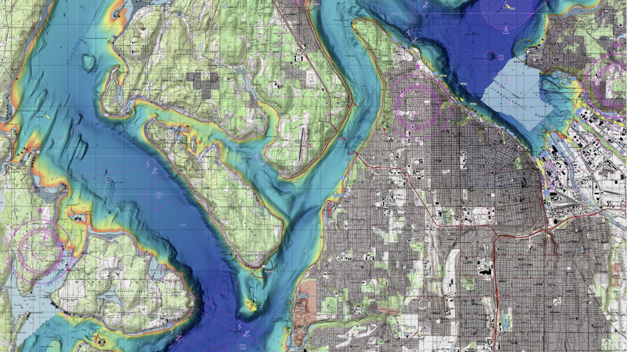 A nautical chart of the area around Fox Island, Washington
