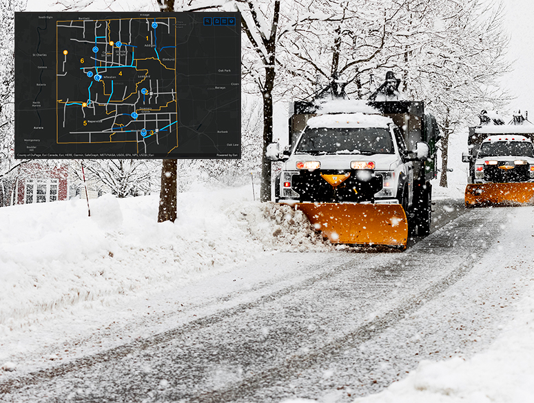 Two snowplows clearing snow from a tree-lined road overlaid with an image of a route map