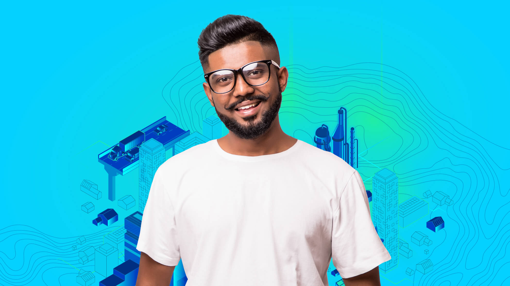 Smiling person with carefully manicured hair and facial hair in a solid white shirt and dark framed glasses against a teal background