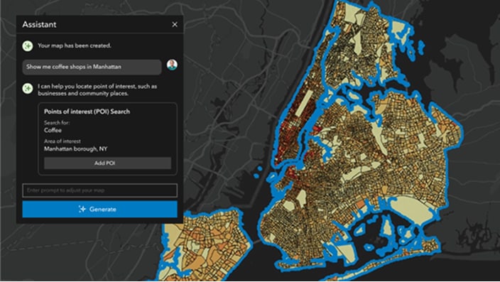 Neben einer detailreichen Karte von New York City mit Schwerpunkt auf Manhattan wird die Benutzeroberfläche eines digitalen Assistenten angezeigt.