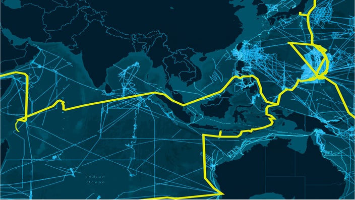 Eine stilisierte digitale Karte mit den Verläufen von Unterseekabeln in Europa, dem Nahen Osten und Nordafrika.