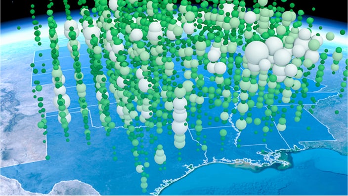 Eine 3D-Datenvisualisierung mit grünen und weißen Kugeln auf einer geografischen Karte.