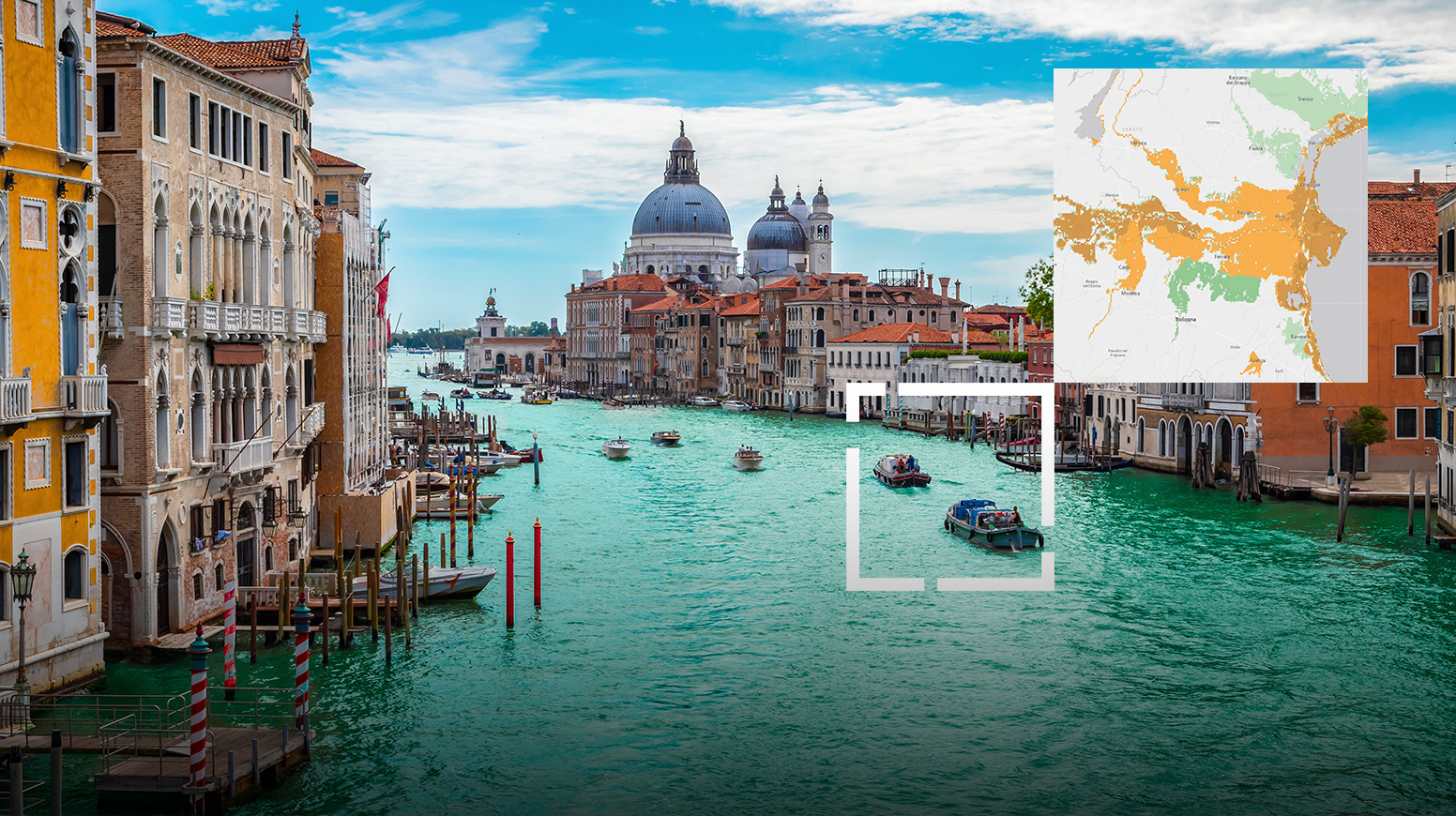The Grand Canal in Venice, Italy, and a map showing flood risk in the surrounding region