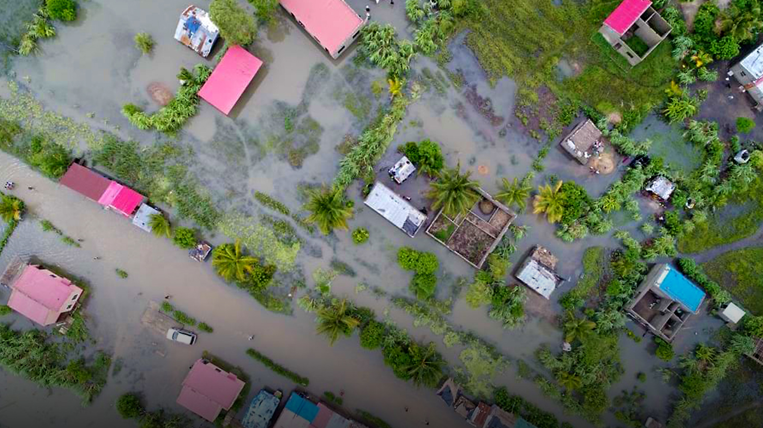 An overhead view of a flooded residential area in Mozambique