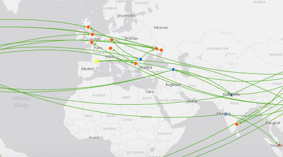A knowledge graph and supply chain map showing connections between worldwide locations