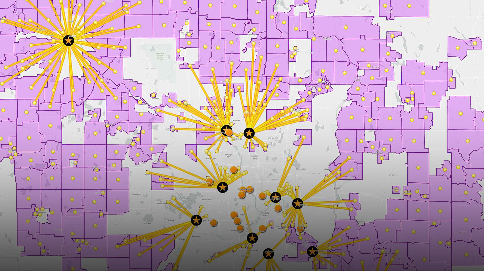 A purple map of logistics routes in the US with lines symbolizing the practice of GeoAI
