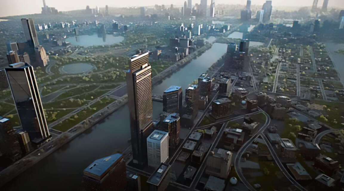 An expansive cityscape featuring modern skyscrapers and large green areas with a manmade waterway running through the center of the scene
