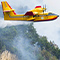 A yellow fire plane flying through smoke above a forested area 