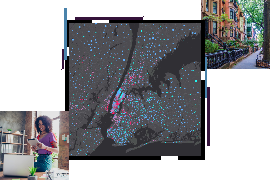Bâtiments Brownstone et trottoir, plan de la ville de New York, femme regardant une tablette