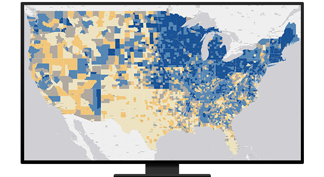 Carte des États-Unis avec des polygones bleus et jaunes