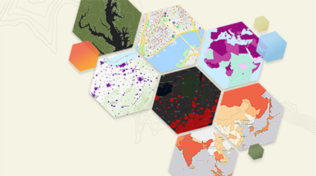 Hexagons with maps of various colors inside of them