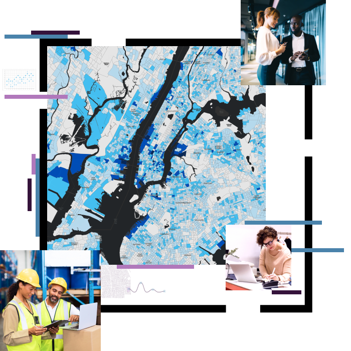 New York City with parcels shaded in blue; people looking at a smartphone, tablet, and laptop
