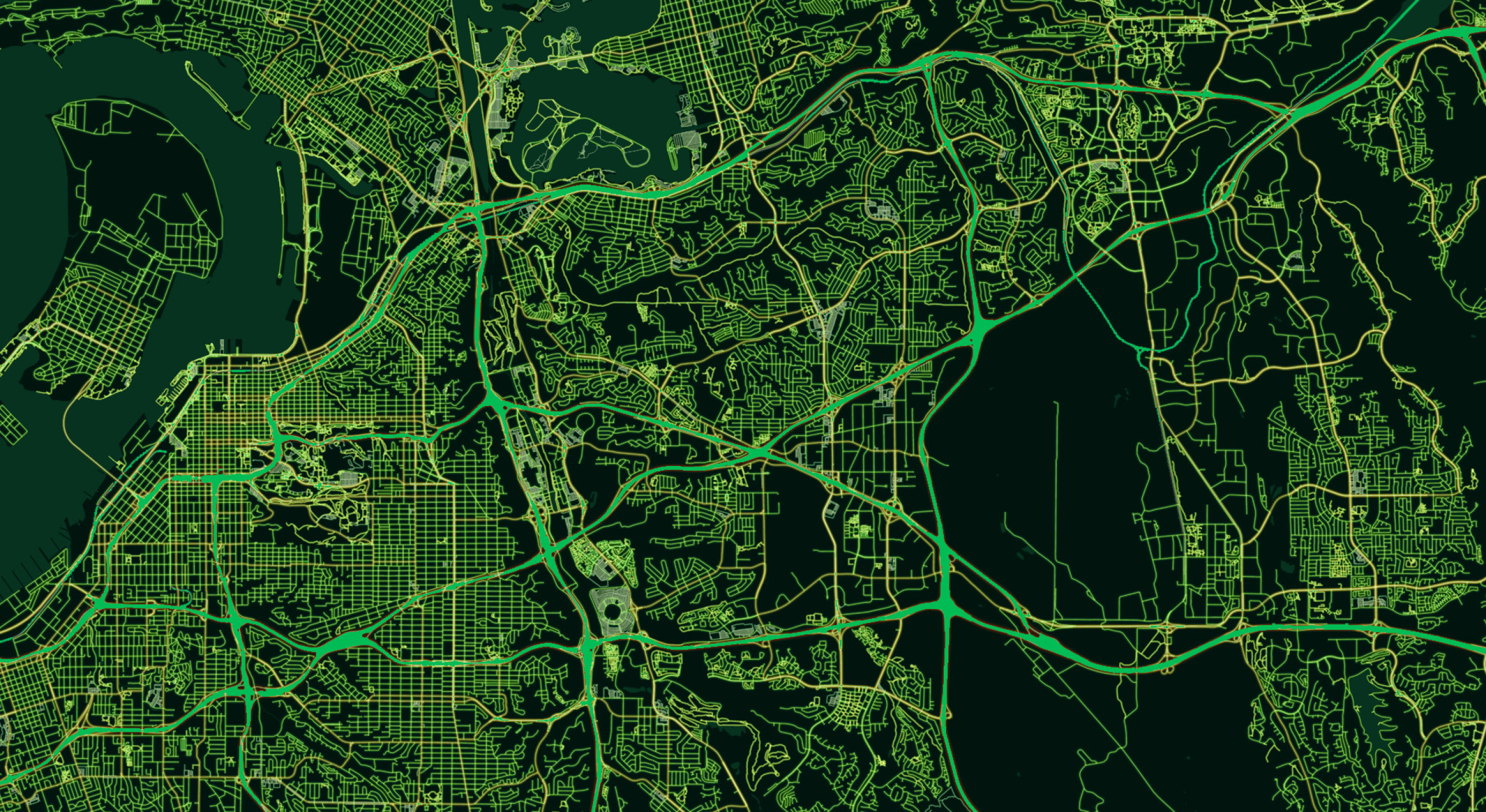 A map highlighting streets and highways in different shades of green