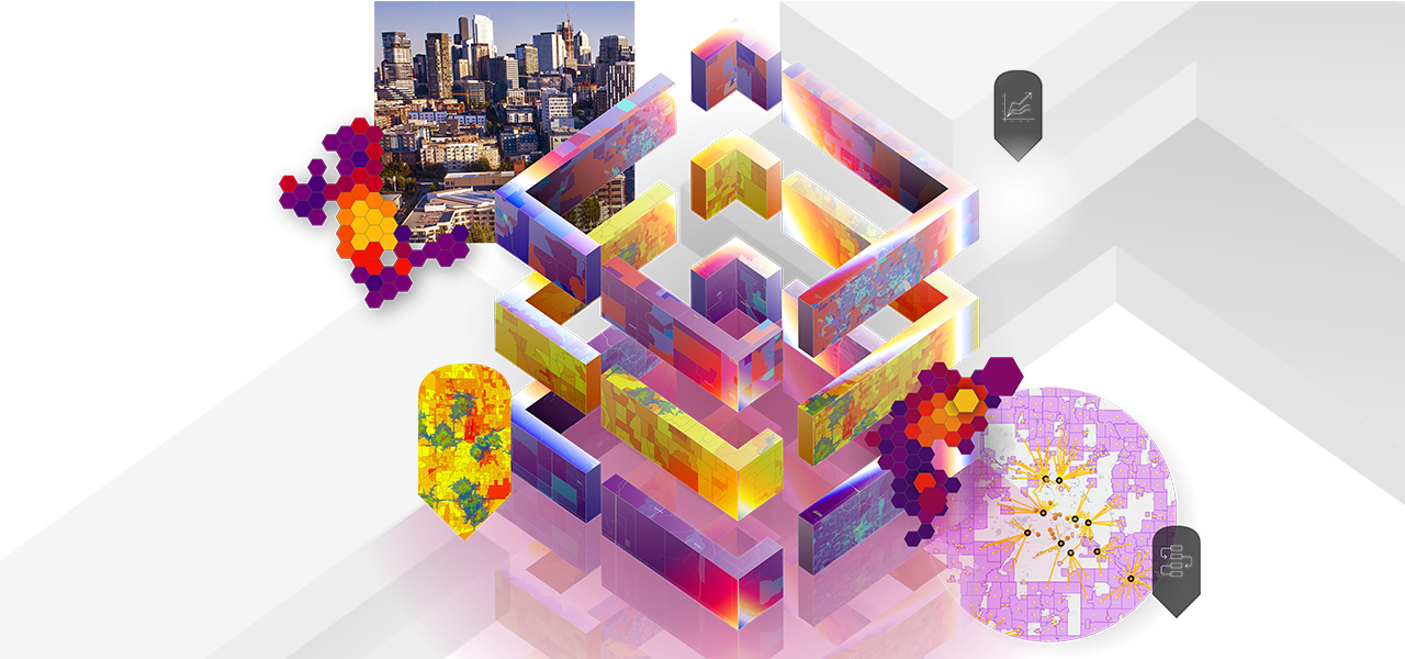 Grafica che include un design rettangolare 3D multicolore a strati circondato da un'icona di posizione colorata, una mappa viola e bianca racchiusa in un cerchio e l'immagine di uno skyline cittadino