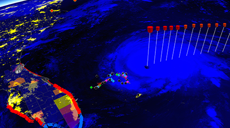 A 3D rendering of the earth displaying a damage assessment of Hurricane Dorian
