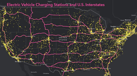 A map displaying the locations of electric vehicle charging stations and interstate routes in the United States