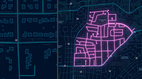 Split-screen map visualization: the left side shows a detailed map with light blue outlines of individual buildings and streets, the right side features a broader area—emphasizing different levels of geographic detail 