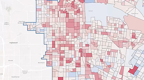 A map with contrasting sections colored in shades of red and blue, indicating different categories or levels