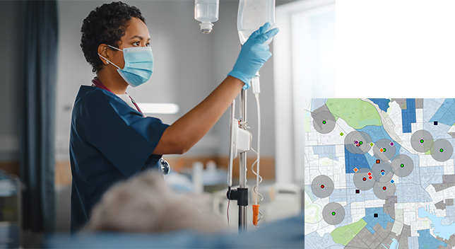 A healthcare worker examining a hanging bag of intravenous fluid overlaid with a blue, green, and gray cluster map