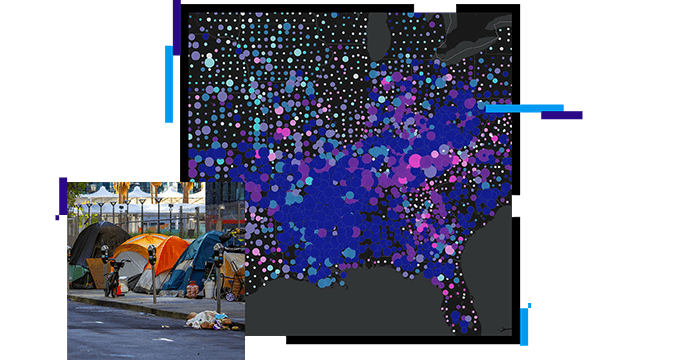 carte des États-Unis ombrée de bleu, de rose et de violet et tentes sur un trottoir