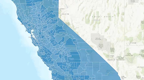 A map of California with counties in shades of blue