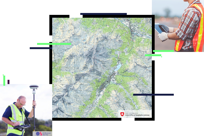 Dos fotos de topógrafos observando la tierra mientras toman notas en dispositivos móviles y un mapa de elevación de una cadena montañosa en gris y verde