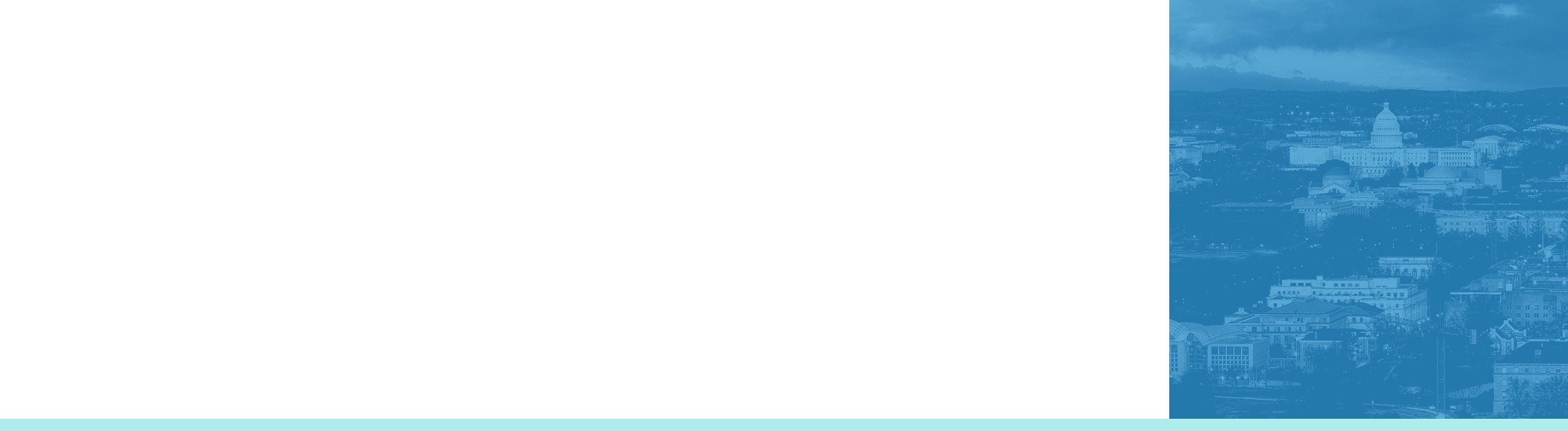 A minimalist banner design featuring a white background on the left and a blue overlay on the right. 