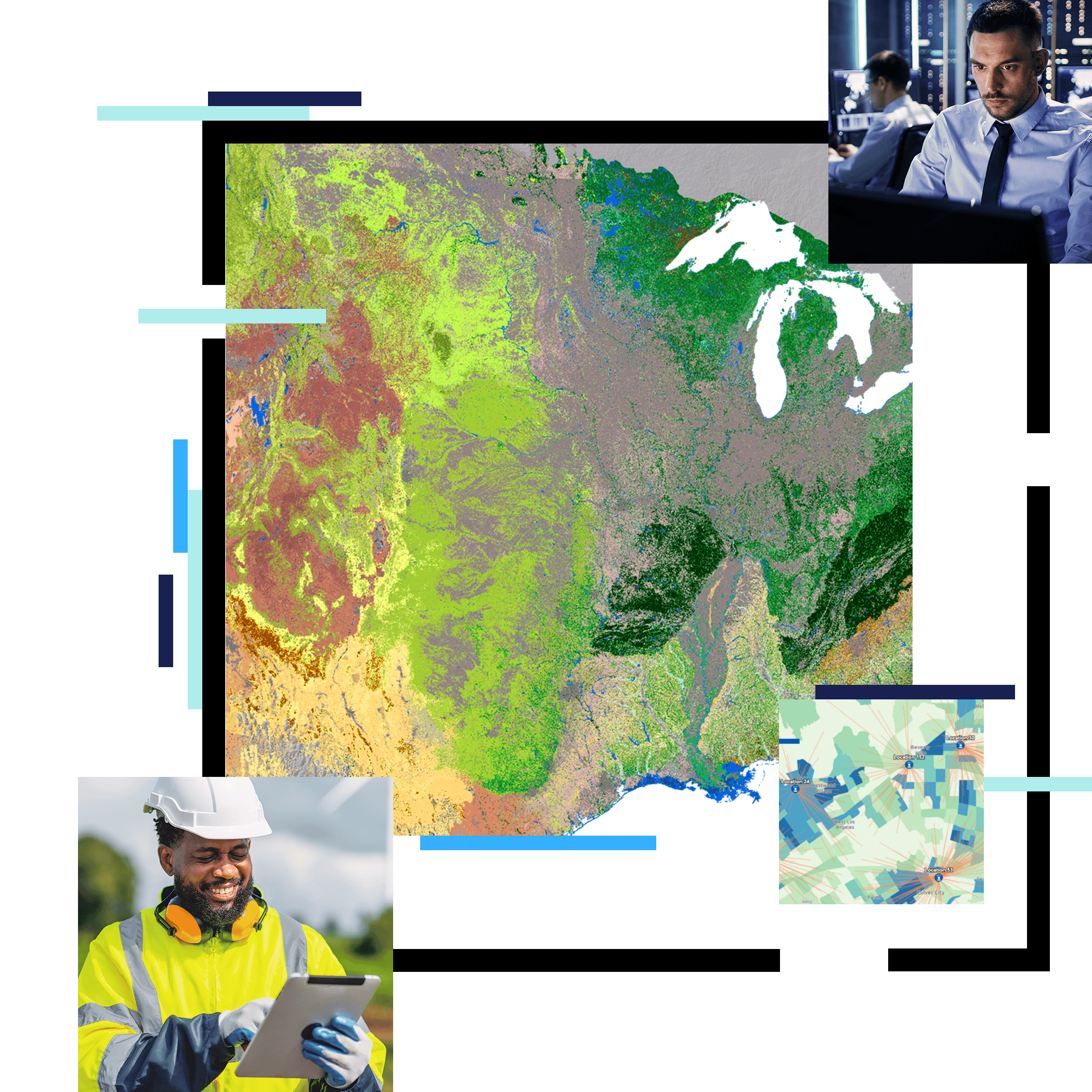 The main subject is a colorful satellite map of the United States, showing varied terrain and vegetation. 