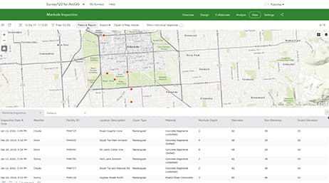 A screenshot of an ArcGIS Survey123 dashboard displaying a digital city map and a data table