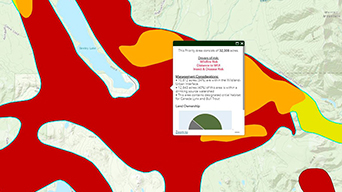 Colorful ArcGIS Dashboard image identifies priority areas in the Montana forest with dynamic pop-up content, such as risks and management considerations