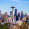 The Space Needle in Seattle, Washington, surrounded by high-rise buildings