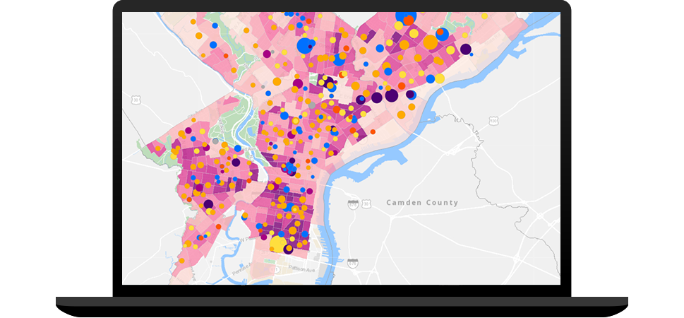 A design of a laptop displaying a dot map with counties marked in shades of pink and dots of varying sizes marked in colors of yellow, orange, red, and blue