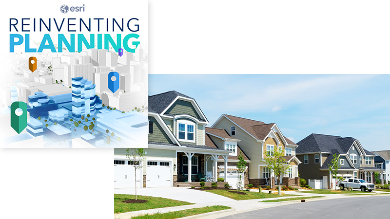 A row of neat new tract houses under a pale blue sky, overlaid with the “Reinventing Planning” graphic of a blue and white abstract cityscape