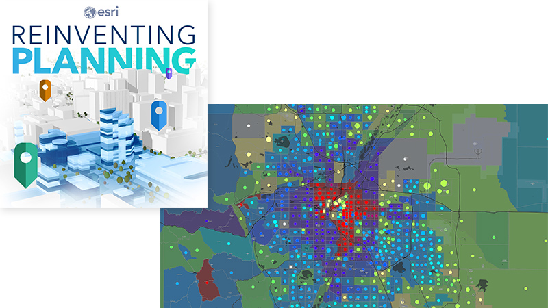 A concentration map in green and blue scattered with blue and yellow map points, overlaid with the “Reinventing Planning” graphic of a blue and white abstract cityscape