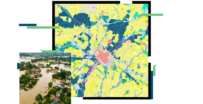 Flooded neighborhood; map shaded yellow and blue