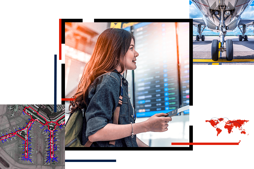 Una persona con un pasaporte y un billete de avión en la mano en un aeropuerto con una imagen de las puertas de un aeropuerto y una foto de los bajos de un avión superpuestas