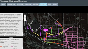 A screenshot of of an ArcGIS Storymaps story that displays text on the left and a dark map on the right