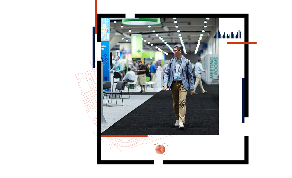 A graphic that includes an abstract orange map overlaid with a black-bordered square showing a person walking at an indoor conference