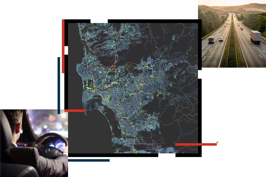 一张以蓝色显示路线的区域地图，一张穿过田园风光的高速公路照片，以及一张汽车内驾驶员的照片