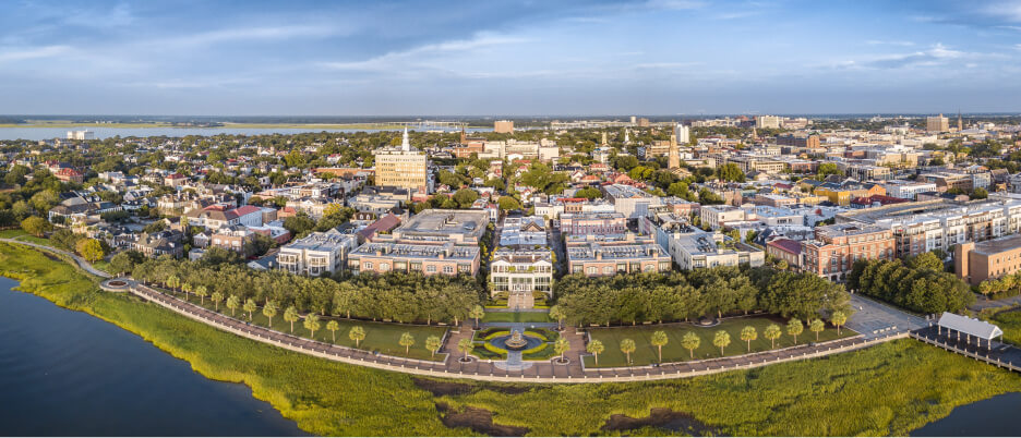 An aerial view of Charleston, South Carolina, and its surrounding waterways